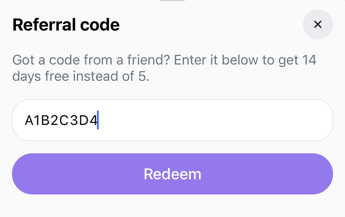 The Ranner referral code sheet with a code typed in and the Redeem button