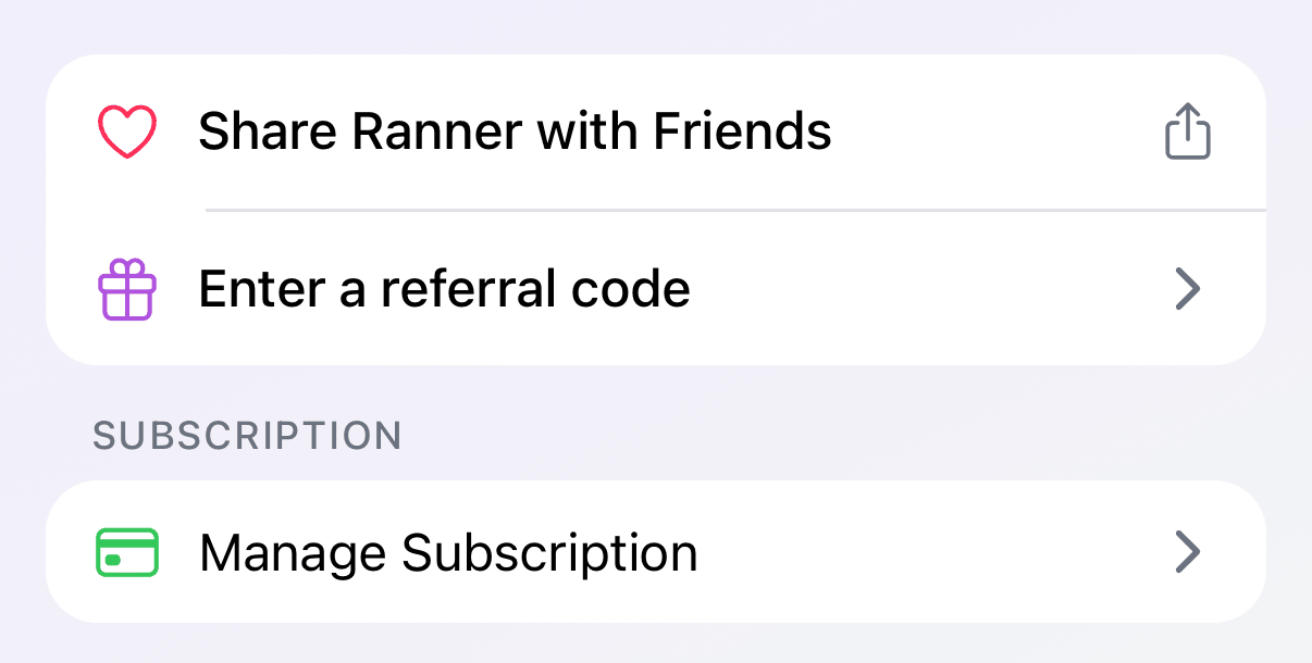 The Ranner settings screen with the Enter a referral code row