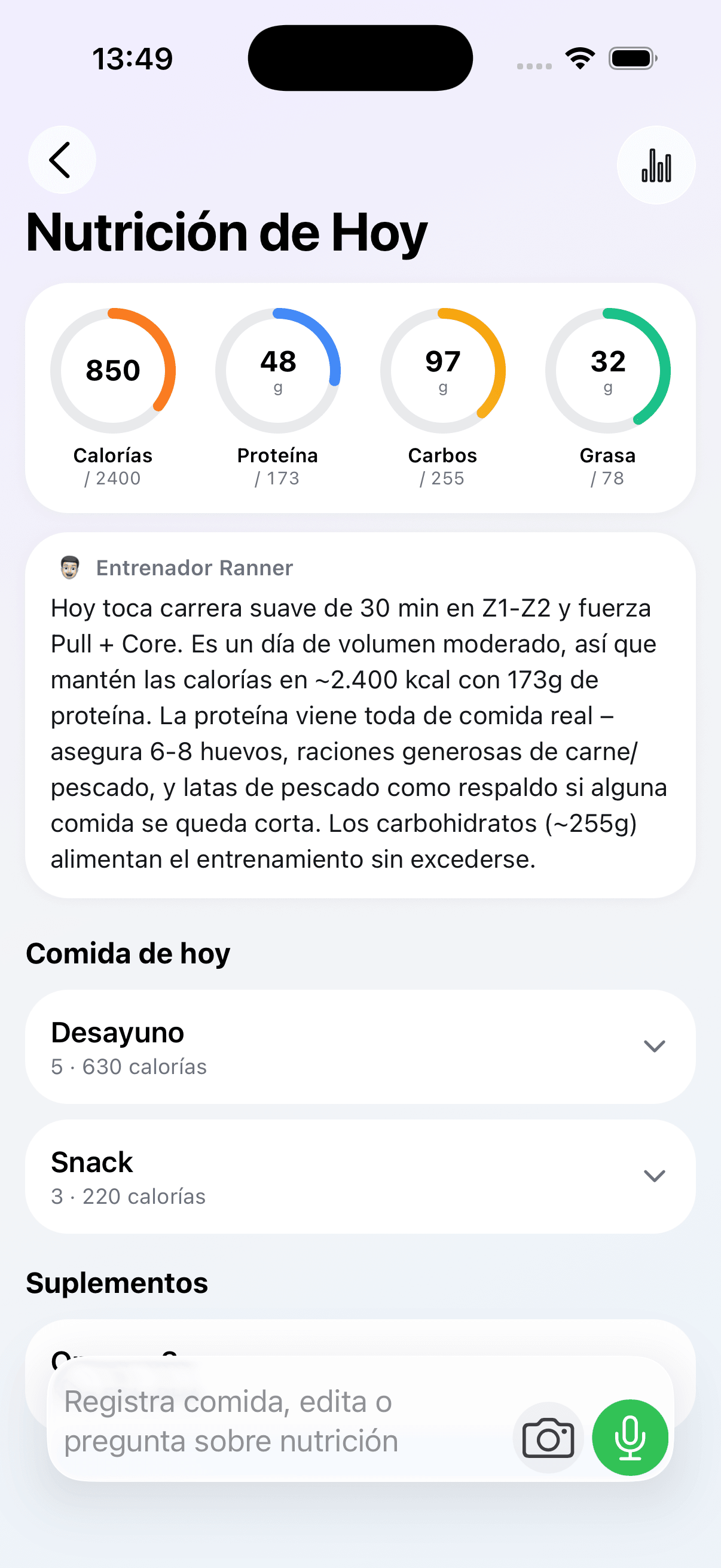 Daily nutrition targets and logged meals in Ranner