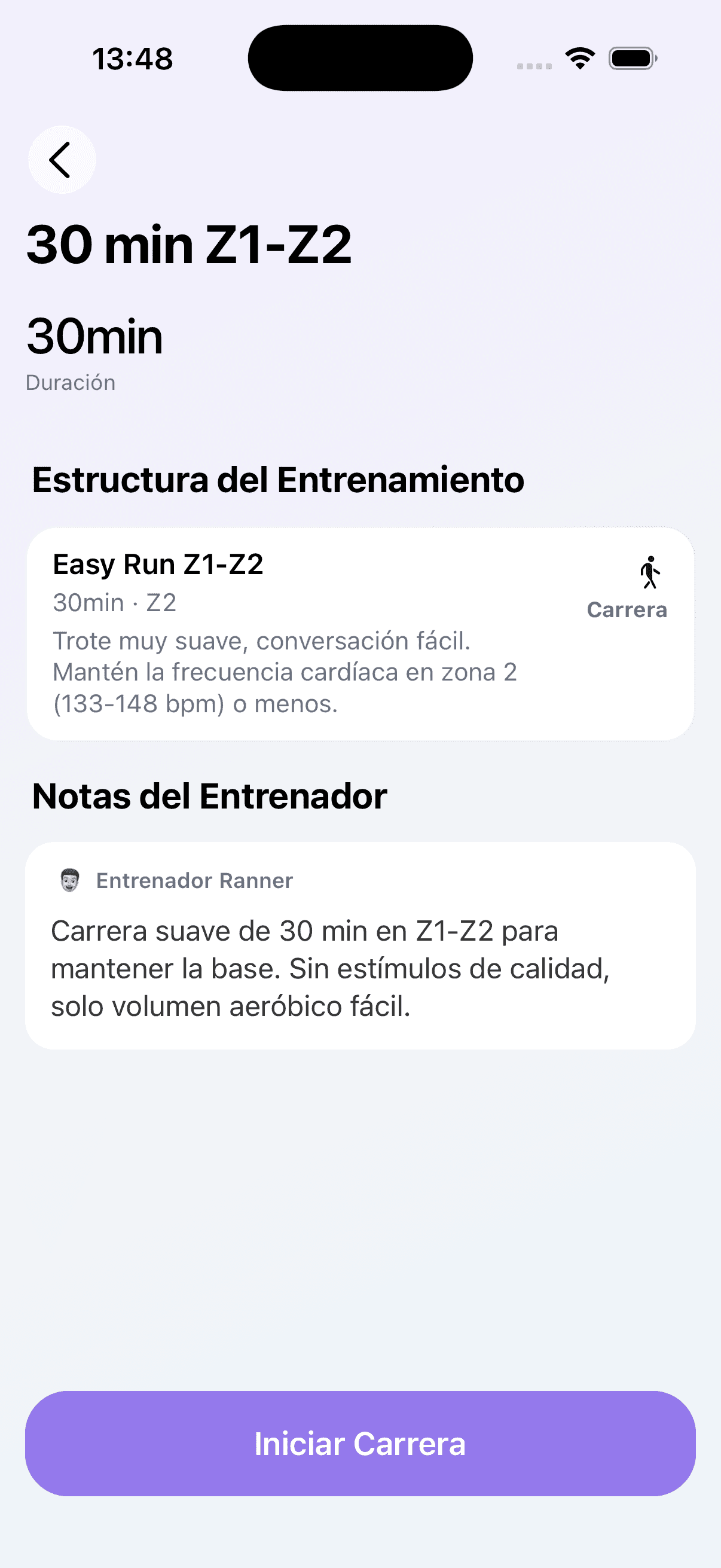 Ranner workout screen with intervals, paces and heart-rate zones